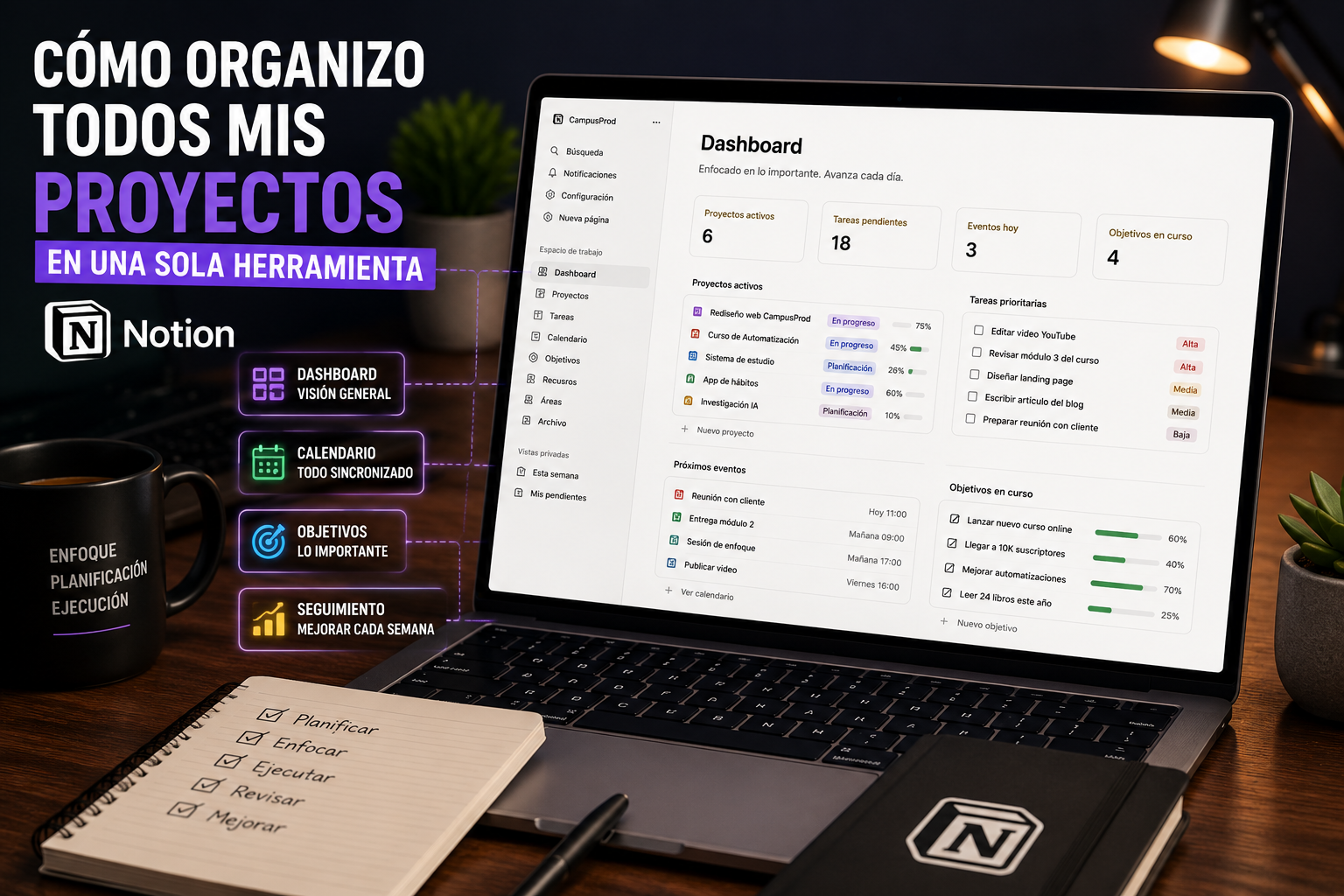 Sistema de organización de proyectos en Notion con dashboard calendario objetivos y seguimiento.