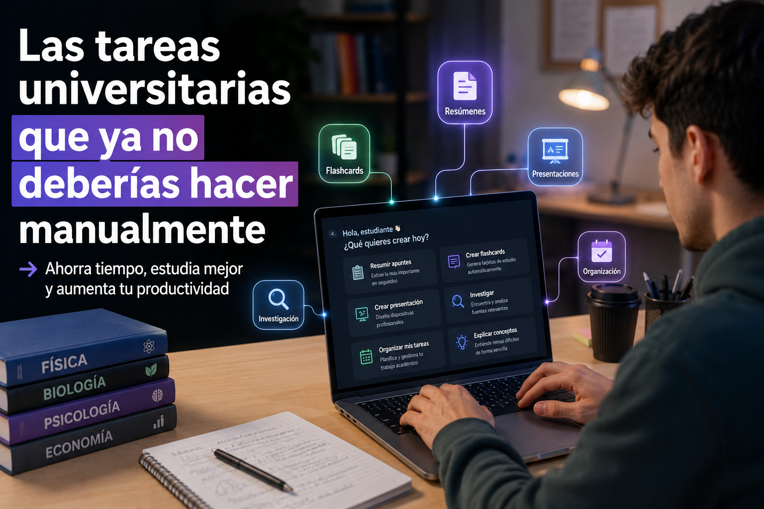IA para estudiantes automatizando tareas universitarias como resúmenes flashcards presentaciones e investigación.