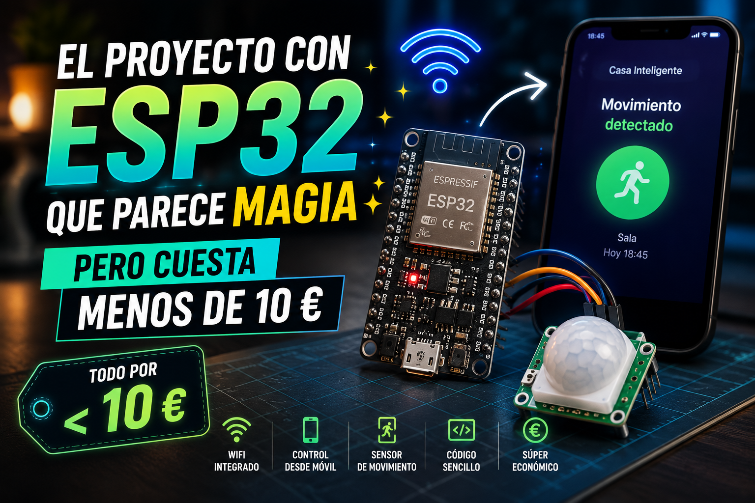 Proyecto ESP32 con sensor WiFi y control desde móvil por menos de 10 euros.
