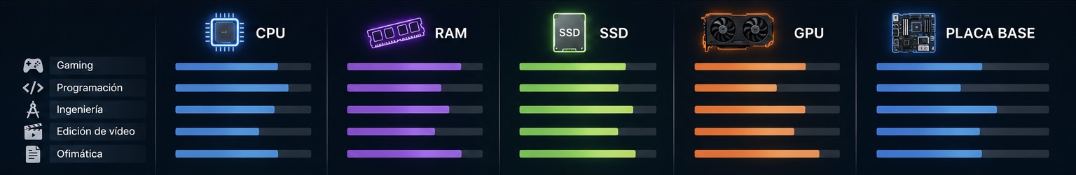 Comparativa entre CPU, RAM, SSD y GPU según el rendimiento