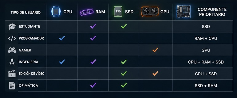 Tabla visual con el componente prioritario según el tipo de usuario