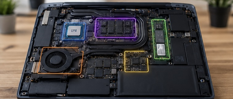 Interior de un portátil mostrando CPU, RAM, SSD y placa base