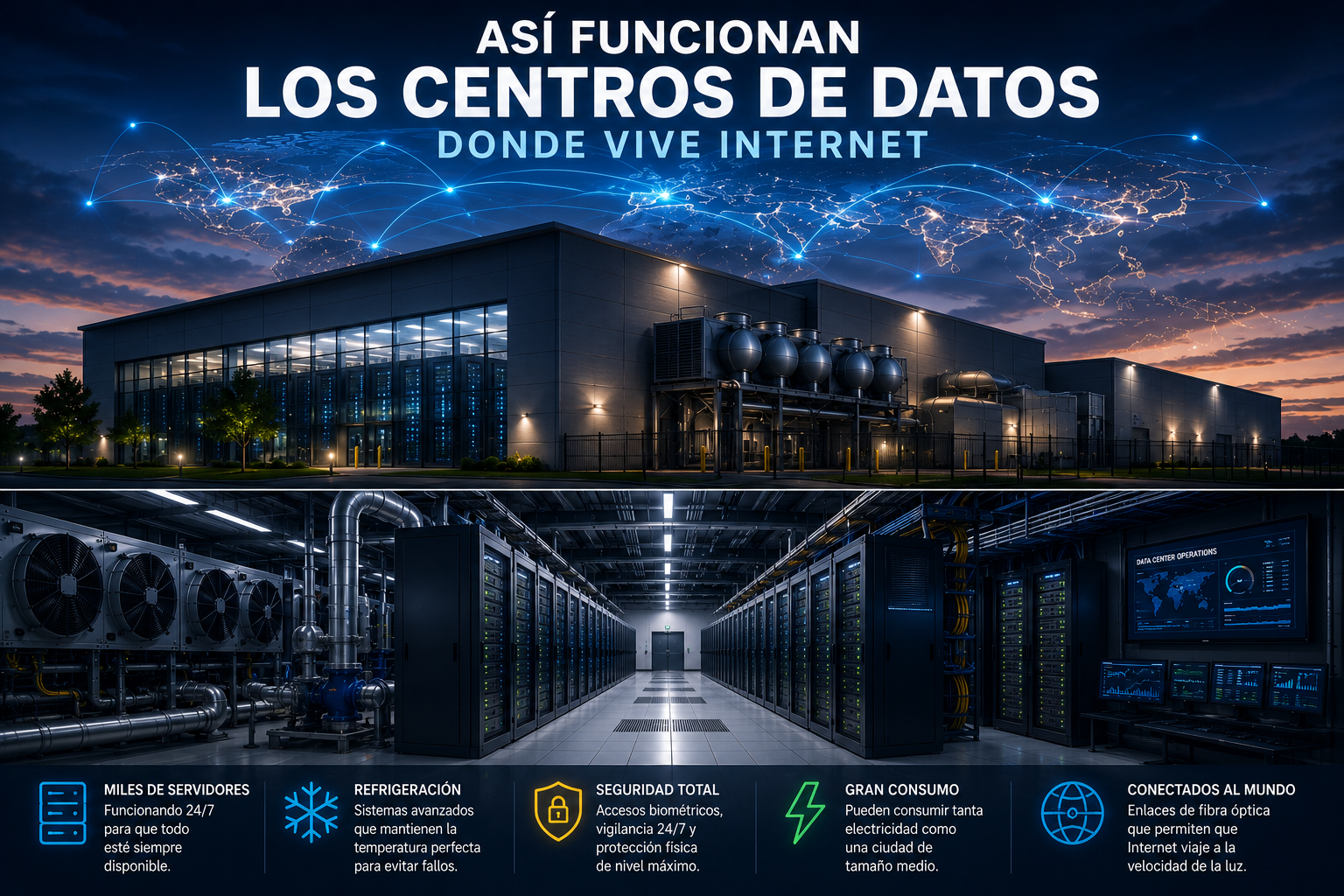 Centros de datos donde viven los servidores que hacen funcionar Internet.