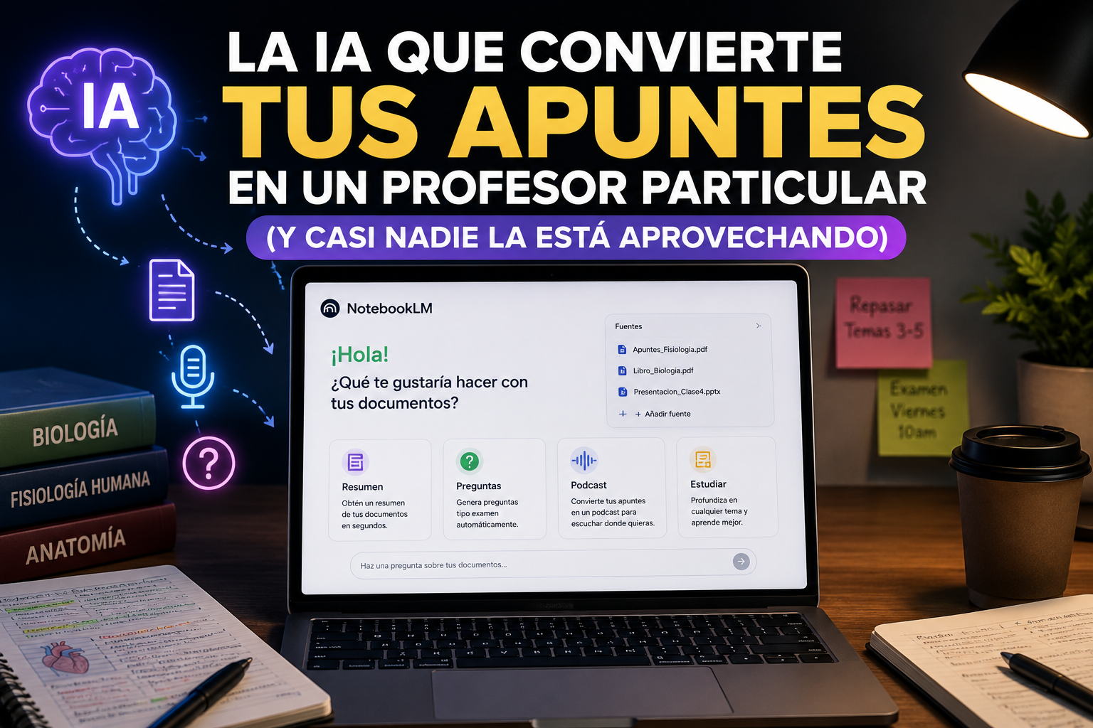 NotebookLM IA de Google para estudiar con apuntes y generar resúmenes preguntas y podcasts.
