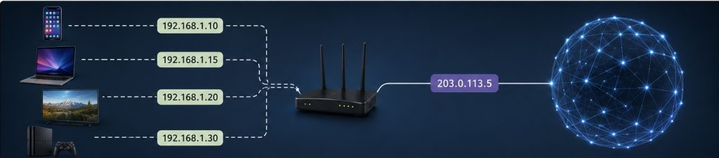 Diferencia entre una dirección IP pública y una dirección IP privada en una red doméstica.