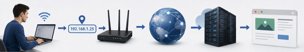 Cómo viaja una petición desde un dispositivo hasta un servidor utilizando una dirección IP.