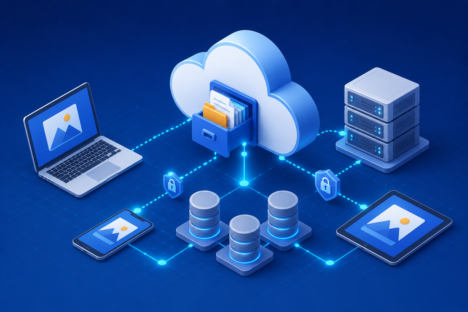Ilustración de cómo funciona el almacenamiento en la nube: un ordenador conectado a una nube con servidores y dispositivos