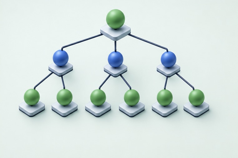Árbol de datos con un nodo raíz ramificándose en varios nodos hijos, estilo diagrama técnico