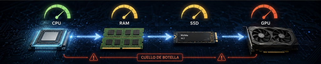 Cuellos de botella entre CPU RAM SSD y GPU de un ordenador