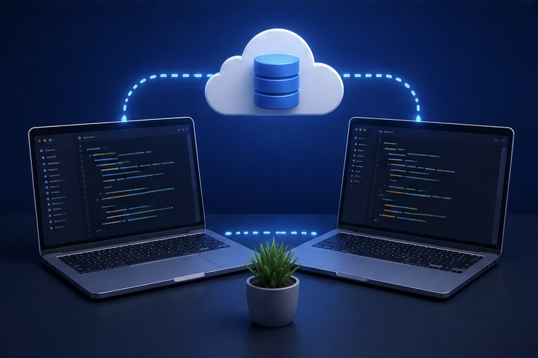 Dos ordenadores portátiles conectados a un repositorio en la nube, representando colaboración en equipo con Git y GitHub