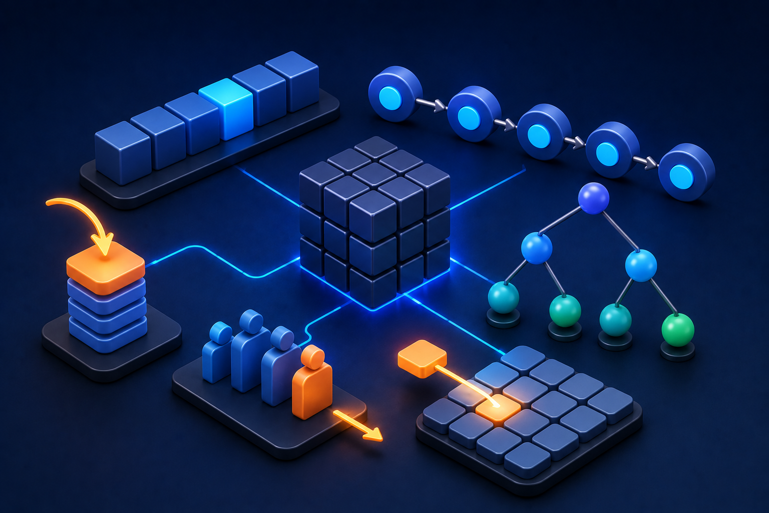 Composición isométrica con array, lista enlazada, pila, cola y árbol representando las estructuras de datos