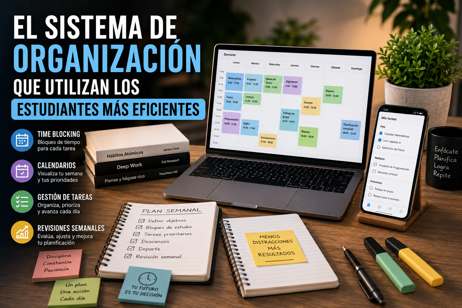 Sistema de organización para estudiantes con calendario planificación tareas y time blocking.