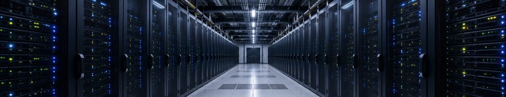 Interior de un centro de datos con miles de servidores organizados en racks.