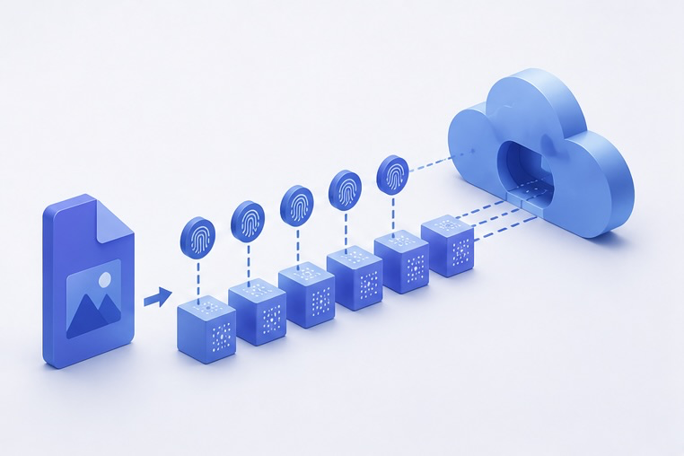 Diagrama isométrico mostrando un archivo dividiéndose en varios fragmentos numerados que viajan hacia una nube