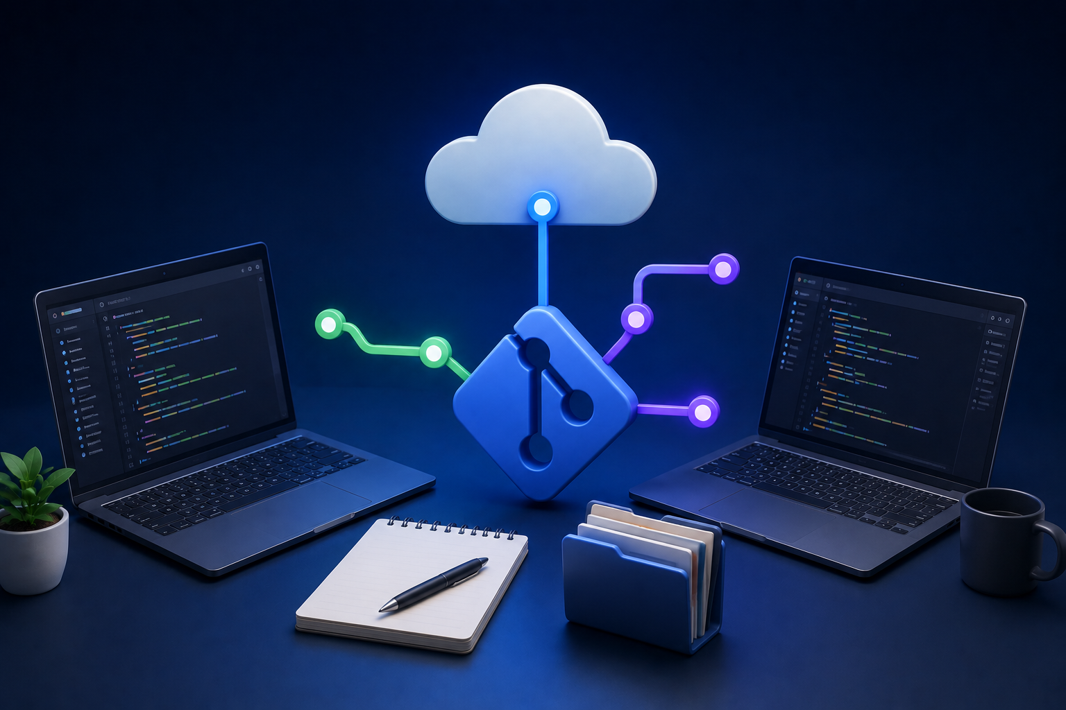 Ilustración de portátiles con código, la nube y un icono de commit representando Git y GitHub