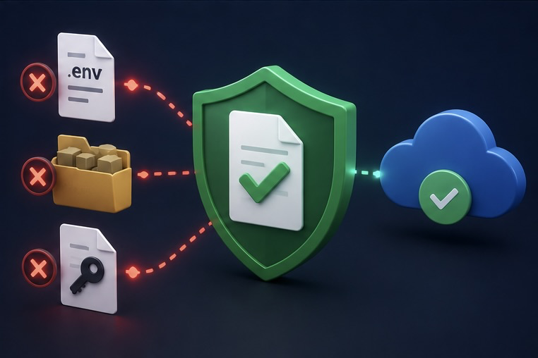 Escudo con la etiqueta .gitignore bloqueando la subida de un archivo .env, una carpeta node_modules y un archivo de claves