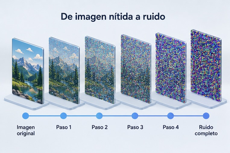 Diagrama isométrico mostrando una imagen nítida transformándose progresivamente en ruido digital