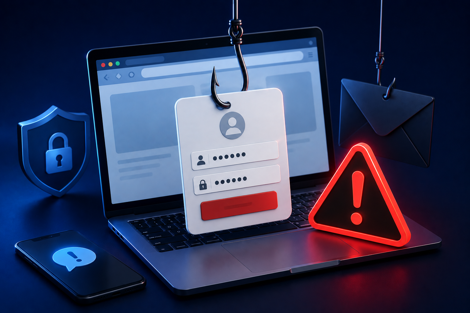Ilustración de un anzuelo de phishing robando un formulario de inicio de sesión en un portátil, junto a un símbolo de alerta