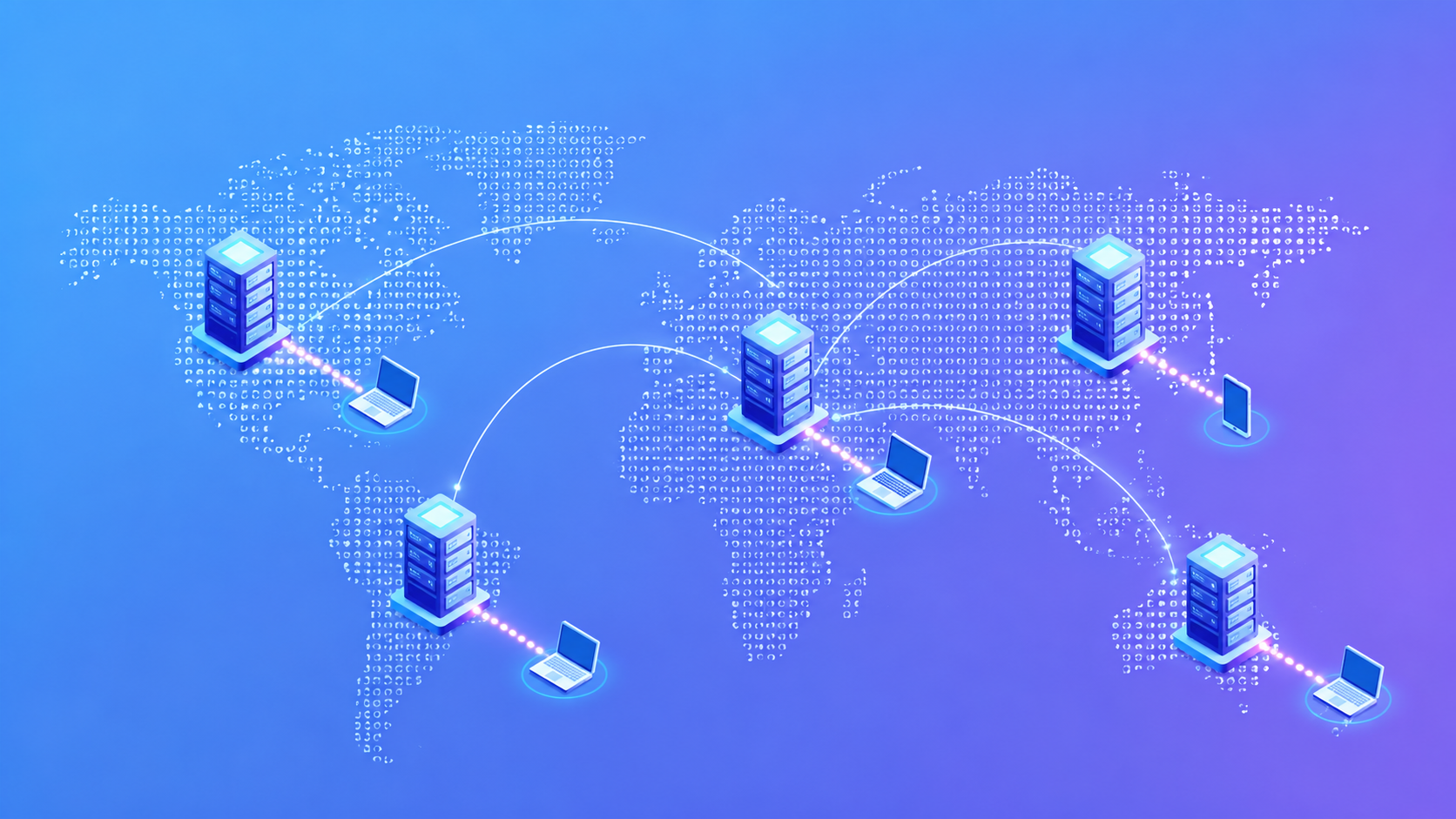 Mapa mundial con servidores CDN conectados que distribuyen el contenido de una pagina web.
