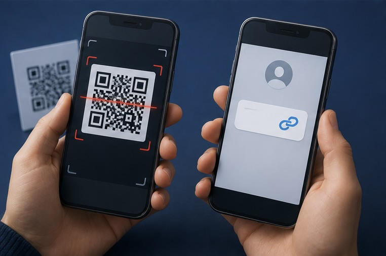 Móvil escaneando un código QR sospechoso de quishing junto a un mensaje SMS de smishing con un enlace