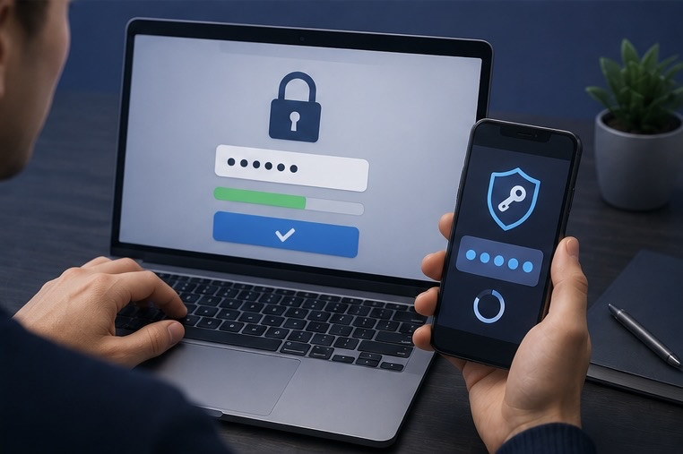 Persona cambiando su contraseña y activando la verificación en dos pasos en un portátil tras detectar una página web falsa