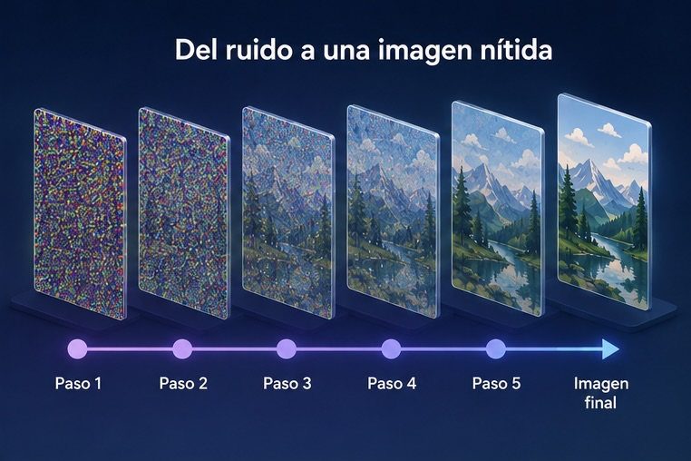 Secuencia de pasos mostrando cómo el ruido se convierte gradualmente en una imagen nítida