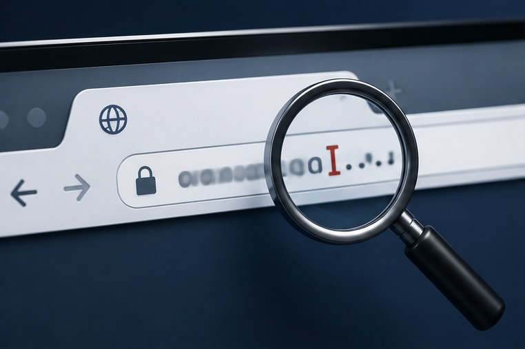 Barra de direcciones del navegador con una lupa señalando una diferencia sospechosa en el dominio, señal de una página web falsa