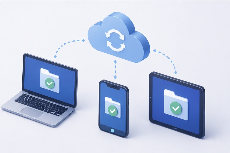 Iconos de Google Drive, Dropbox e iCloud sincronizando un mismo documento entre varios dispositivos