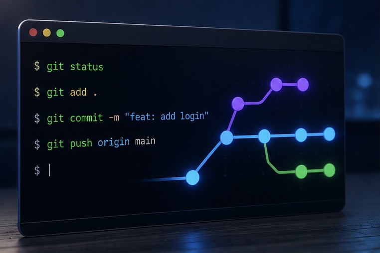 Terminal de ordenador con comandos de Git escribiéndose y un diagrama de ramificaciones de fondo