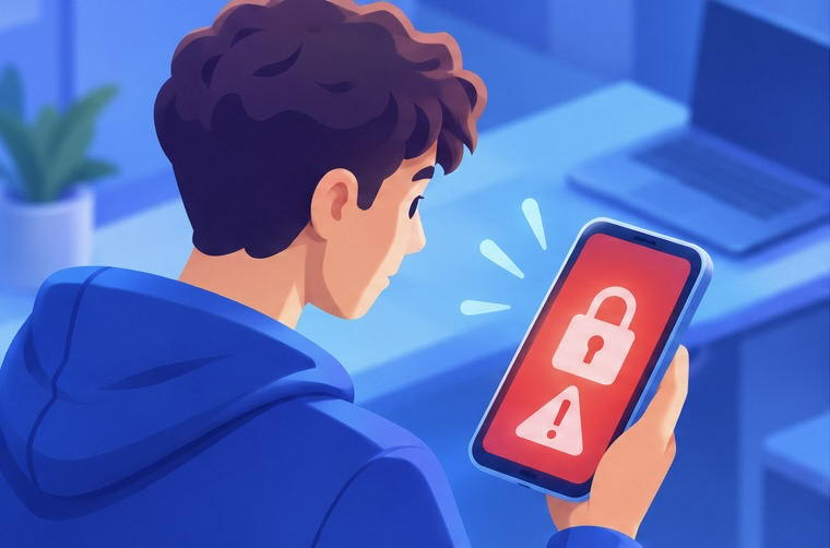 Persona mirando una notificación de alerta de seguridad en el móvil, con un candado y un signo de exclamación