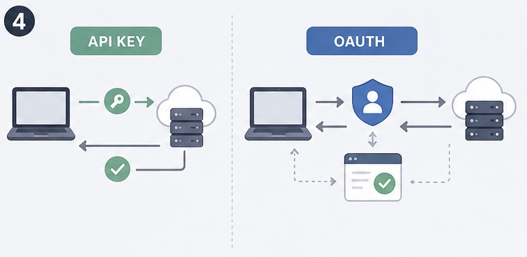 Esquema de flujo de autenticación comparando API key frente a OAuth