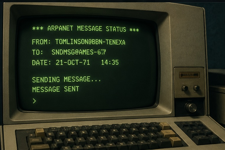 Terminal retro de ARPANET mostrando un mensaje de correo con el simbolo arroba, uno de los primeros hitos de internet