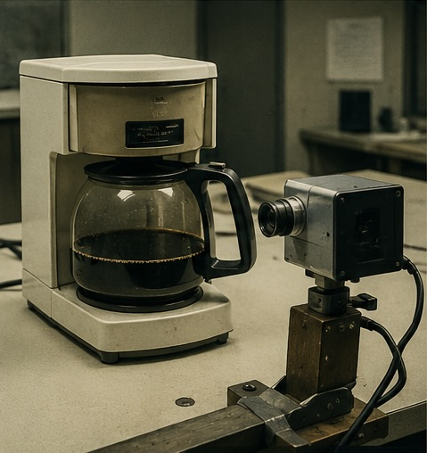 Recreacion de la cafetera de la Universidad de Cambridge con una camara casera apuntandole, uno de los hitos de internet mas curiosos