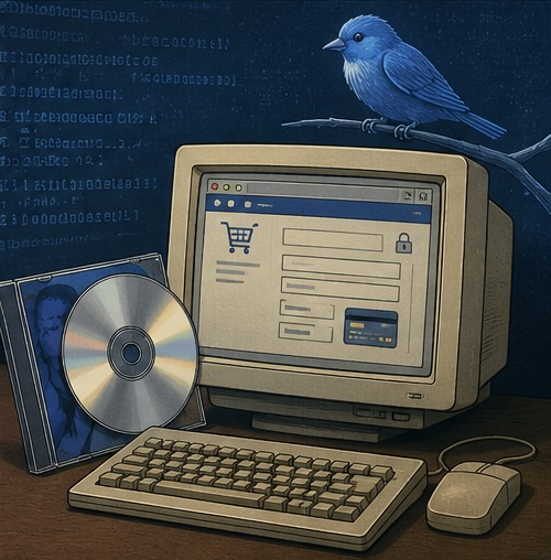 CD de musica de los 90 junto a un navegador antiguo con formulario de compra, representando los primeros pagos online cifrados