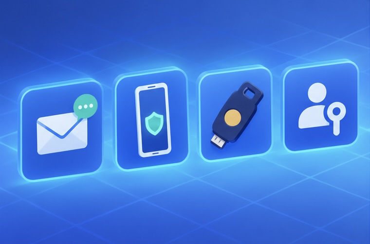 Comparativa de cuatro métodos de verificación: SMS, app autenticadora, llave física y passkey