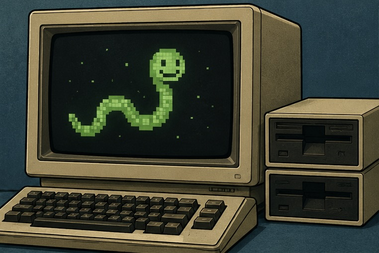 Ilustracion retro de un ordenador de los 70 con el primer gusano informatico, Creeper, serpenteando por la pantalla