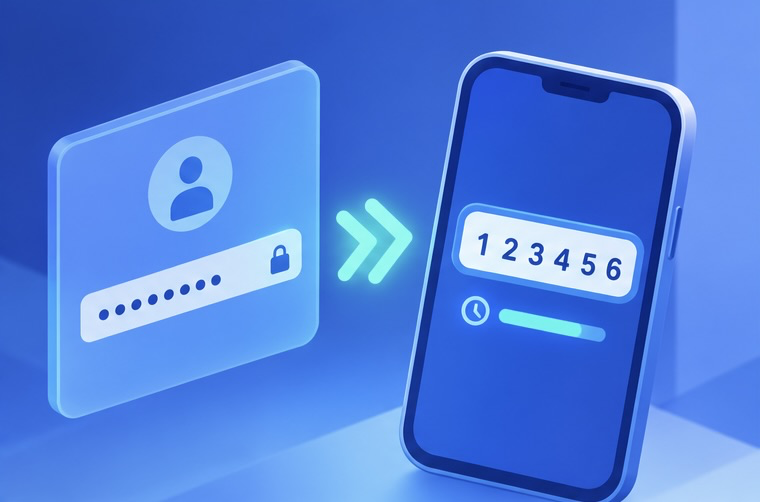 Esquema de dos pasos de acceso: campo de contraseña y móvil mostrando un código de verificación
