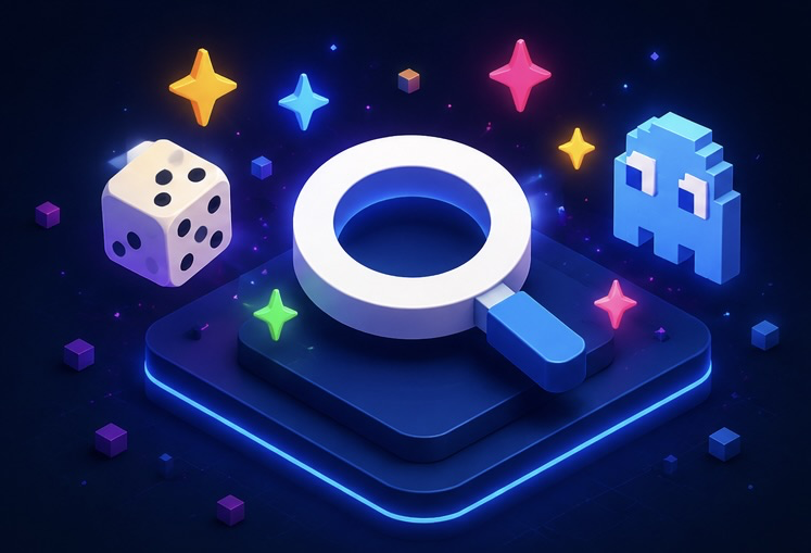 Logo de Google rodeado de iconos divertidos: un dado, un fantasma de Pac-Man y chispas de colores