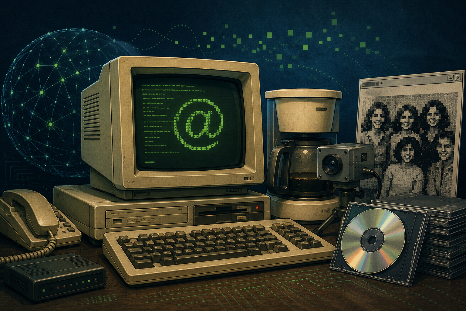 Hitos de internet: composicion retro con terminal, arroba, cafetera con camara, foto pixelada y CD