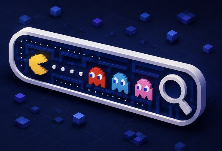 Pac-Man estilo pixel-art persiguiendo fantasmas dentro de un laberinto con forma de barra de búsqueda