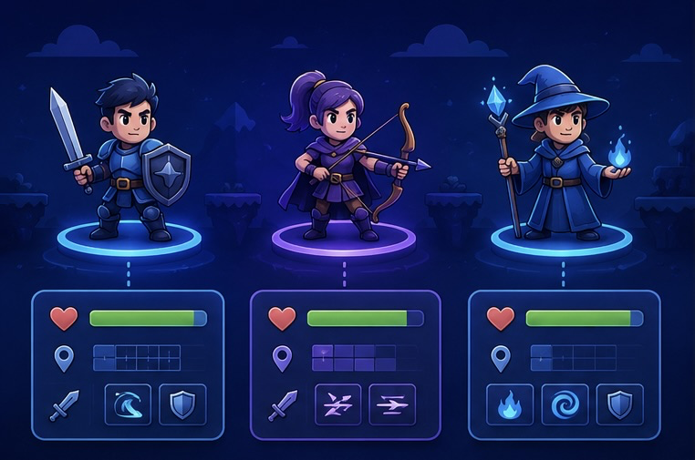 Personajes de videojuego representados como objetos, cada uno con su barra de vida y sus propias acciones