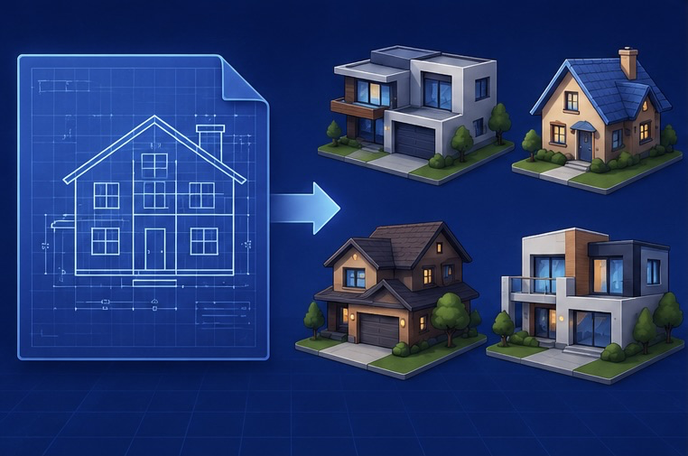 Plano de una casa transformandose en varias casas construidas, representando la relacion entre clase y objeto en POO