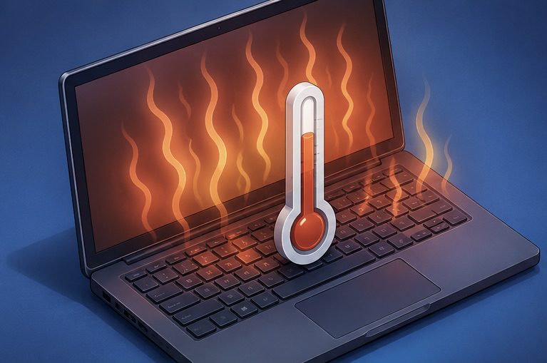 Portátil con ondas de calor y un termómetro superpuesto sobre el teclado
