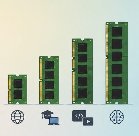 Comparativa visual de los niveles de RAM: 8, 16, 32 y 64 GB o más