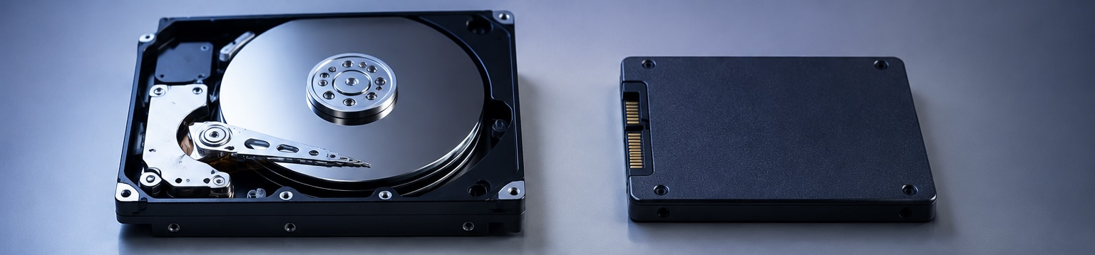 Comparativa fisica entre un HDD abierto y un SSD compacto, ilustrando la diferencia SSD vs HDD
