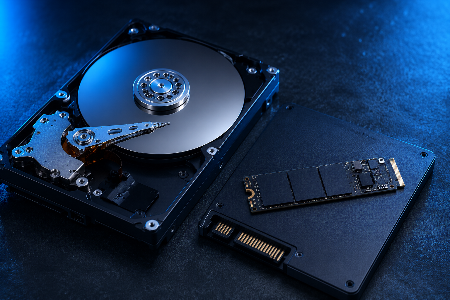SSD vs HDD: fotografia de un disco duro mecanico junto a un SSD sobre fondo oscuro azulado