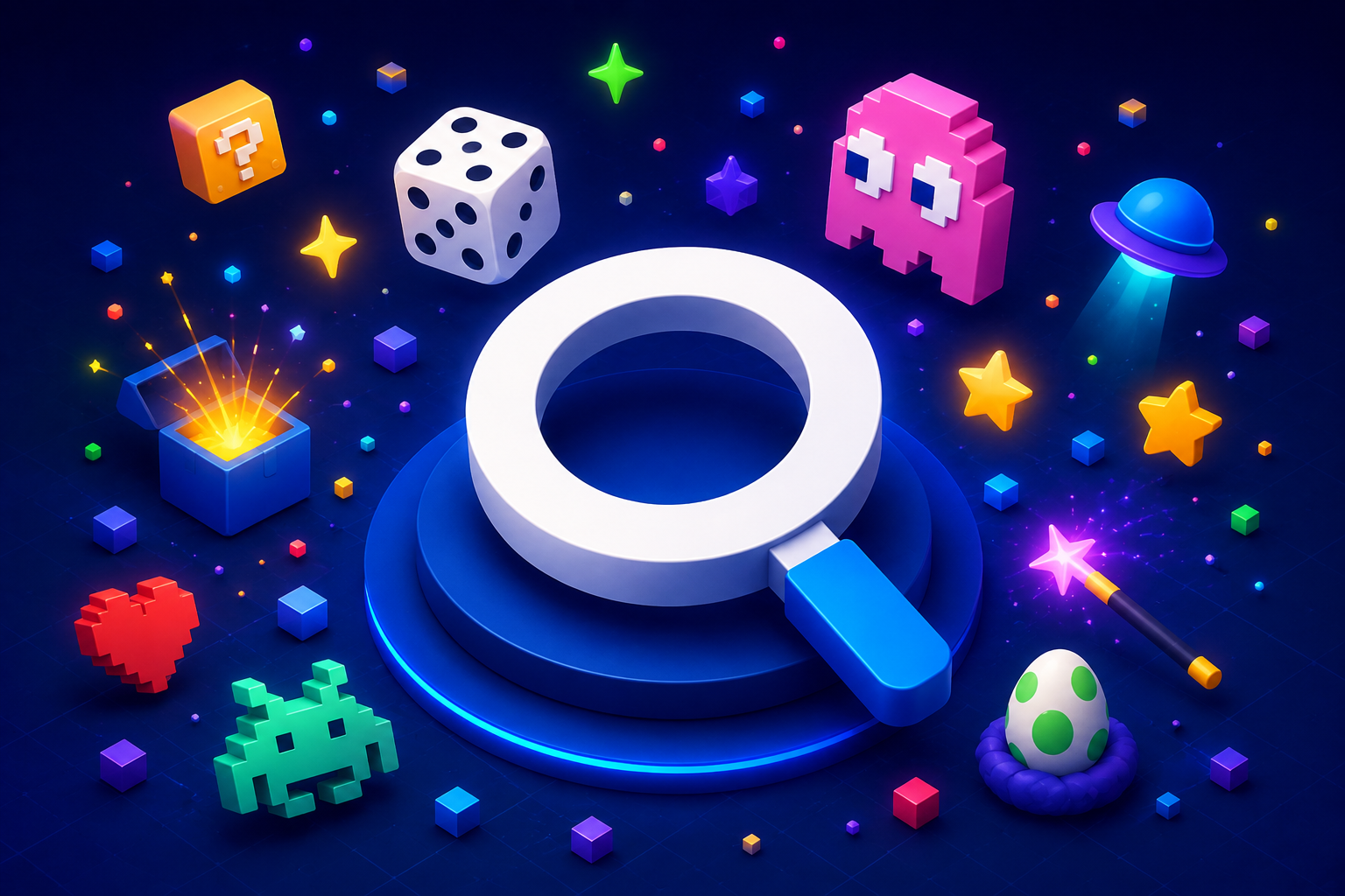 Logo de un buscador rodeado de iconos de easter eggs y sorpresas divertidas